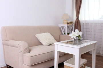 Fototapeta na wymiar Pastel color sofa with beautiful pillows and vase with flowers on the table in front of it in the room