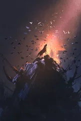 Rolgordijnen huilende wolf op rots met rondvliegende vogel, illustratie schilderij © grandfailure