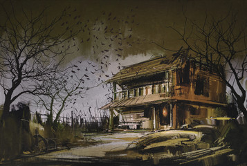 Fototapeta premium painting of old wooden abandoned house,halloween background