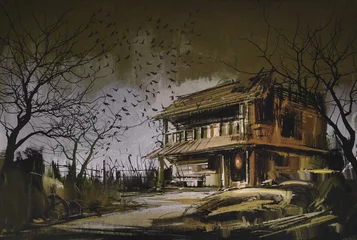 Türaufkleber painting of old wooden abandoned house,halloween background © grandfailure