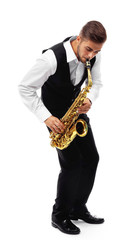 Fototapeta na wymiar Happy saxophonist plays music on sax in elegant suit on white background