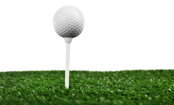 Golf ball on grass isolated on white