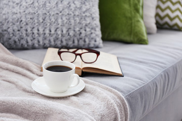 Fototapeta na wymiar Cup of coffee with book on sofa in room