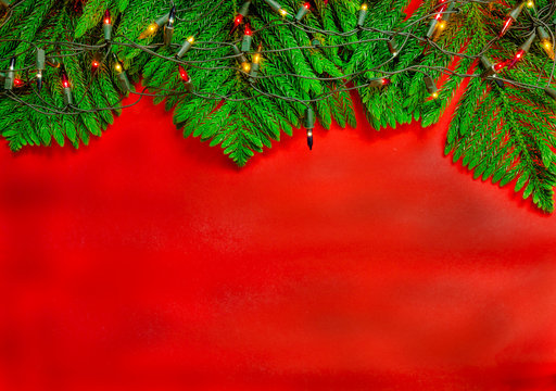 Christmas tree branch with light on red background for christmas