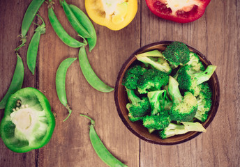 Stir-Fried Broccoli on old wood background, Vegetarian food and