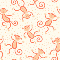 Seamless pattern with monkeys playing in snow winter. Vector