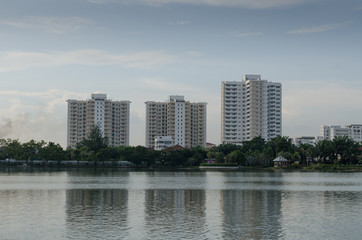 Fototapeta premium Three building reflect in the pool
