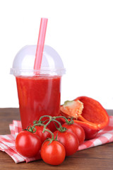 Fresh juice mix fruit and vegetables, healthy drinks on wooden table, on light background