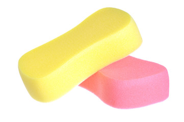 red and yellow bathing sponge over white background