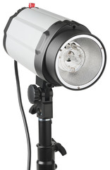 Photo studio flash light and light stand. Object isolated on white background without shadows