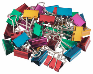 Binder clips for paper. All of the objects in focus. Objects isolated on white background without...