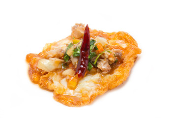 Fried eggs with pork and chilli topping.