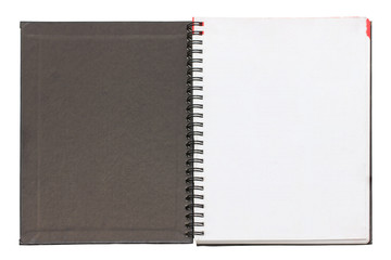 Open blank notebook black cover isolated on white.