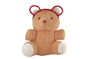 Full body isolated cute brown bear wearing red hairband or head band.
