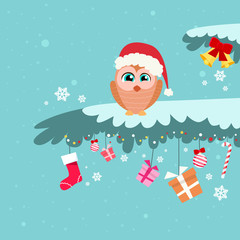 Christmas Owl Sitting on Tree Branch Winter