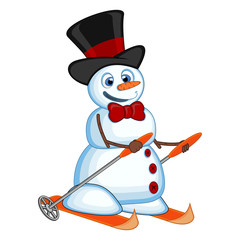 Snowman wearing a hat and a bow ties is skiing for your design vector illustration