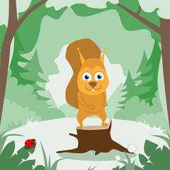 Obraz na płótnie Canvas Cartoon Squirrel Smile Green Forest Colorful Flat Retro