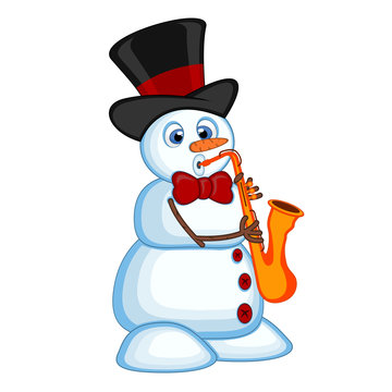 Snowman wearing a hat and a bow ties playing saxophone for your design vector illustration