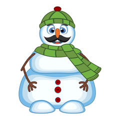 Snowman with mustache wearing green head cover and green scarf for your design vector illustration