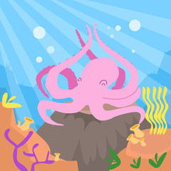 Cartoon Pink Octopus Underwater Deep Ocean Bottom Coral Reef