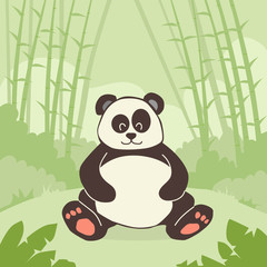 Cartoon Panda Bear Sitting Green Bamboo Jungle Forest Colorful