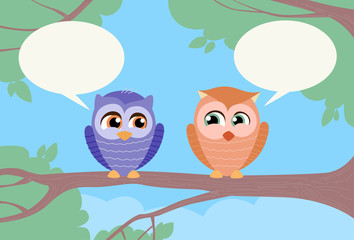 Obraz premium Two Owls Chat Communication Sitting on Branch