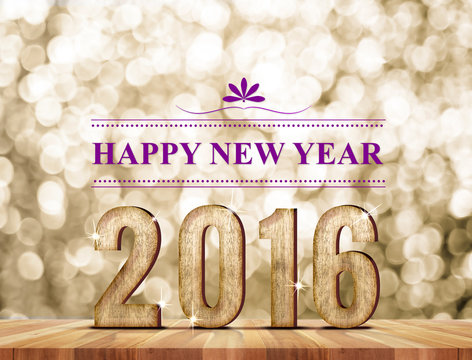 Happy new year 2016 wood number in perspective room with sparkli
