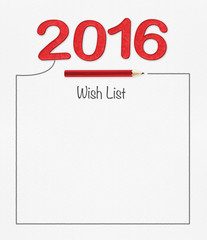2016 wish list on white paper with pencil and drawing frame,mock