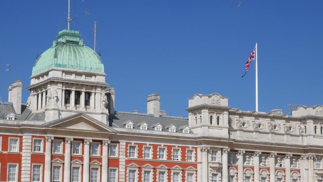 Close shot of the buildings in Horseguards Parade with the Union Flag Flying. Taken on a sunny September afternoon in 4K