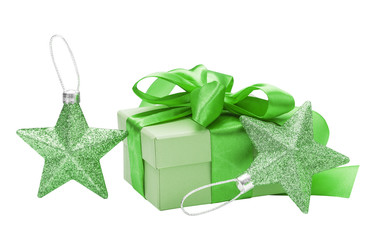 Green gift, bow, stars  isolated on the white
