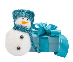 Snowmen, turquoise gift, bow,  isolated the white