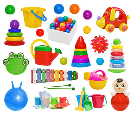 Set of plastic toys: pyramid, hand-pouring pot, glockenspiel, roly-poly, bucket, drum, massage...