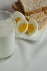 Easy Breakfast with Whole Grain Bread, Boiled Egg and Milk.