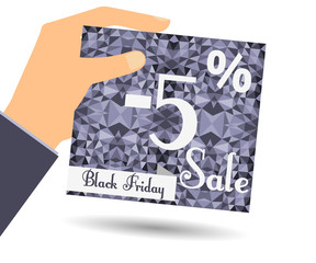 Discount coupons in hand. 5 percent discount. Special offer for holidays and weekends. Card on polygon background in dark colors. Design element in a flat style.