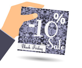 Discount coupons in hand. 10 percent discount. Special offer for holidays and weekends. Card on polygon background in dark colors. Design element in a flat style.