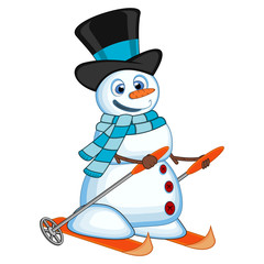 Snowman with hat and blue scarf is skiing for your design vector illustration
