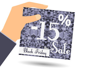 Discount coupons in hand. 15 percent discount. Special offer for holidays and weekends. Card on polygon background in dark colors. Design element in a flat style.