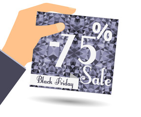Discount coupons in hand. 75 percent discount. Special offer for holidays and weekends. Card on polygon background in dark colors. Design element in a flat style.