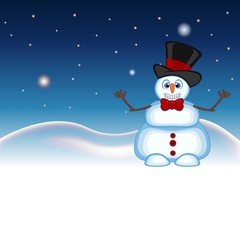 Snowman wearing a hat hat and bow ties waving his hand with star, sky and snow hill background for your design vector illustration