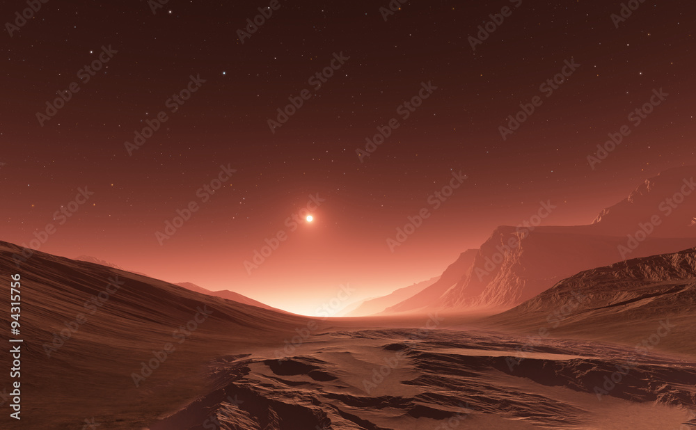 Wall mural sunset on mars. mars mountains, view from the valley