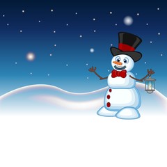 Snowman with a lantern and wearing a hat with star, sky and snow hill background for your design Vector Illustration