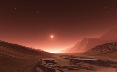 Sunset on Mars. Mars mountains, view from the valley