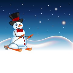 Snowman wearing a hat and a bow ties is skiing with star, sky and snow hill background for your design vector illustration