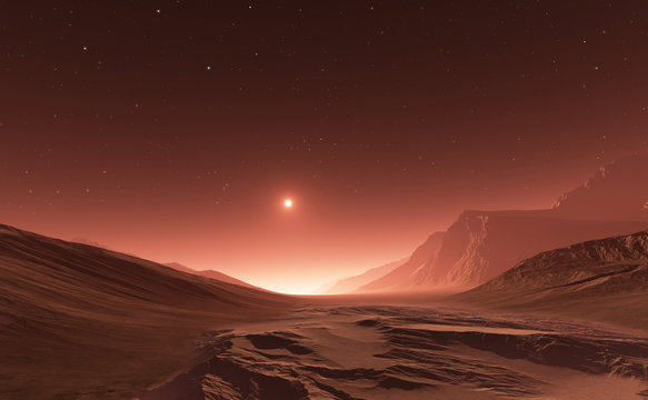 Fototapeta Sunset on Mars. Mars mountains, view from the valley