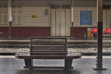 Bangkok Thailand - October 2015: Old wooden seat at Bangkok Railway Station (Hua Lamphong in Thai language). The station was opened on June 1916.