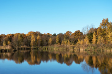 Fototapeta na wymiar Autumn colors in still lake.