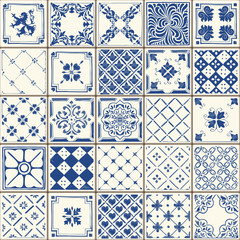 Indigo Blue Lisbon Paint Tile Floor Oriental Spain Azuejos Ornament Collection Seamless Patchwork Pattern Colorful Portugal Ceramic Tilework Vintage Illustration background Vector Pattern Azulejo