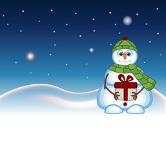 Snowman carrying a gift and wearing a green head cover and a scarf with star, sky and snow hill background for your design vector illustration