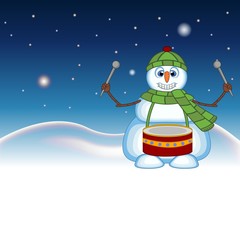 Snowman wearing a green head cover and a scarf playing drums with star, sky and snow hill background for your design vector illustration