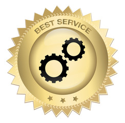 Best service seal or icon with gear symbol. Glossy golden seal or button with stars.